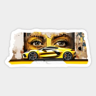 Accelerate Yellow C8 Corvette Stingray Supercar in front of a wall of graffiti with beautiful eyes looking back at you Sports car American Muscle car race car Sticker